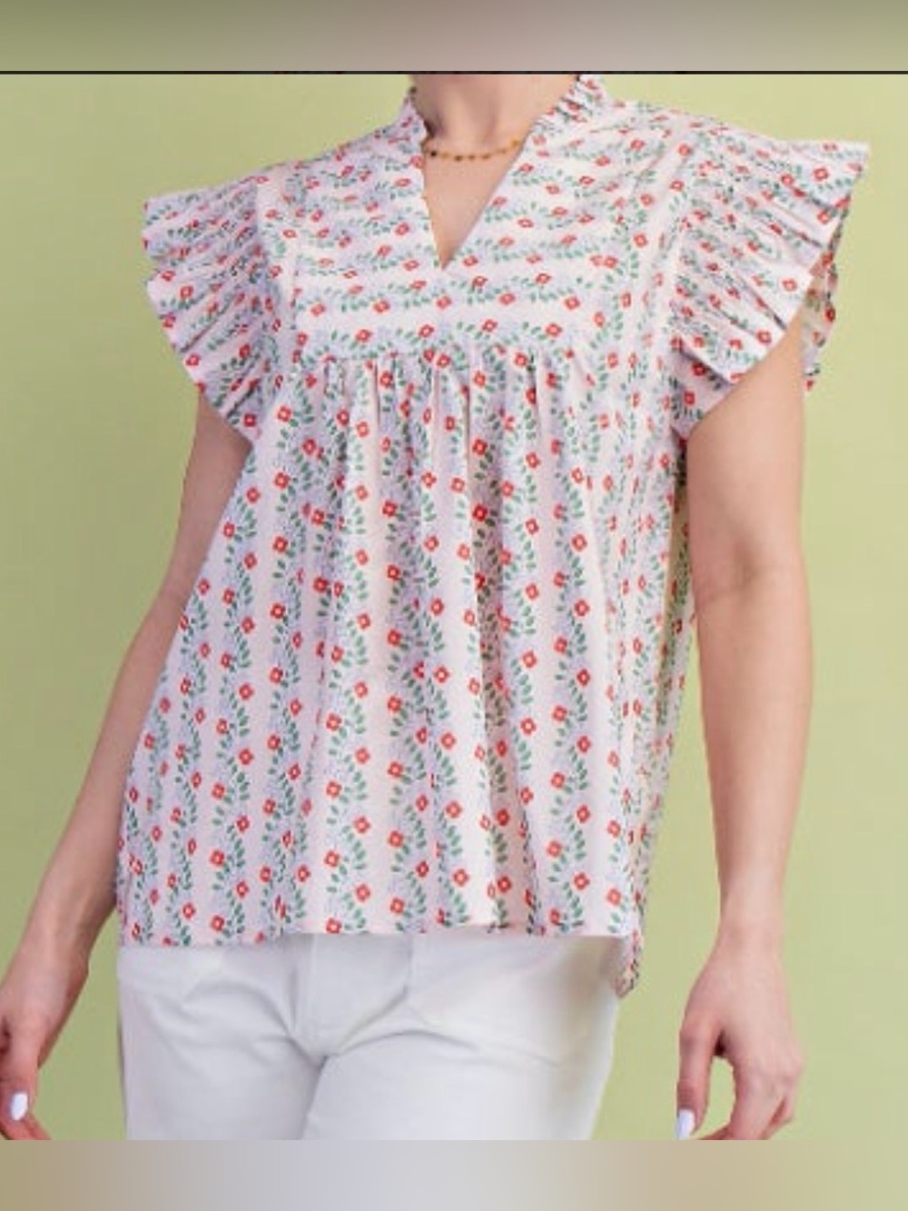 Gigio Floral Ruffle Sleeve V-Neck Top with smocked ruffle sleeves - Pink Floral